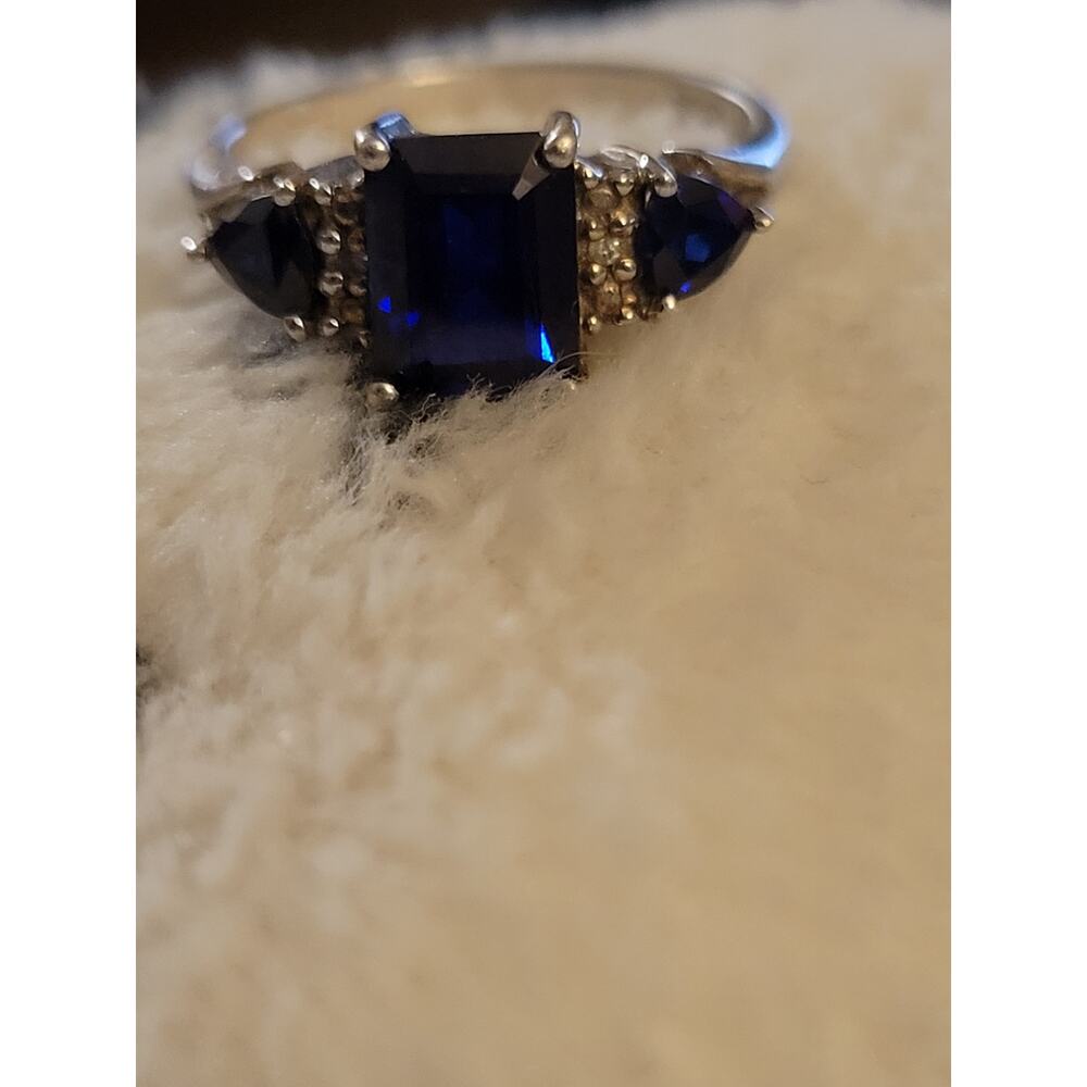 925 Sterling Silver Real Diamond Lab-Created Sapphire Ring Size 7.25